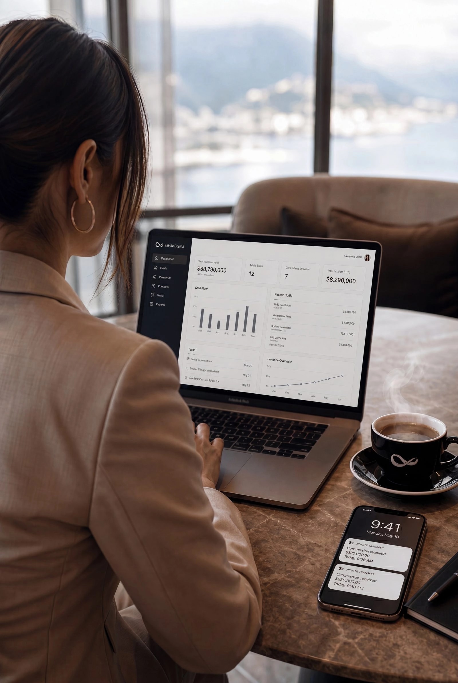 Elite sales professional reviewing a portfolio dashboard